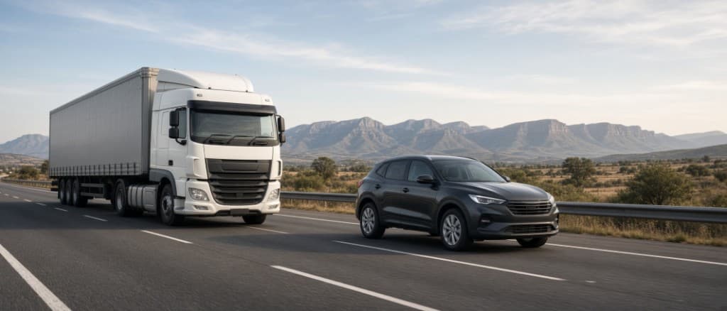 A car and a commercial truck sharing the highway