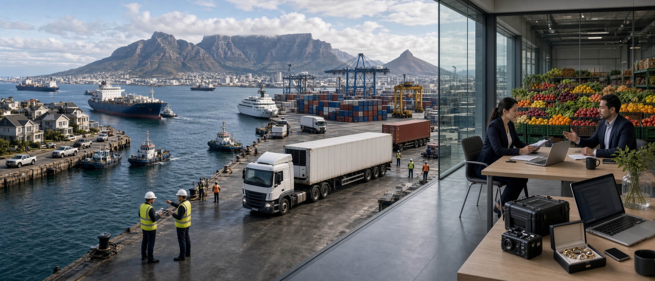 Cape Town harbour, cargo operations, and advisers reviewing cover — the breadth of risk Rock Risk helps clients understand